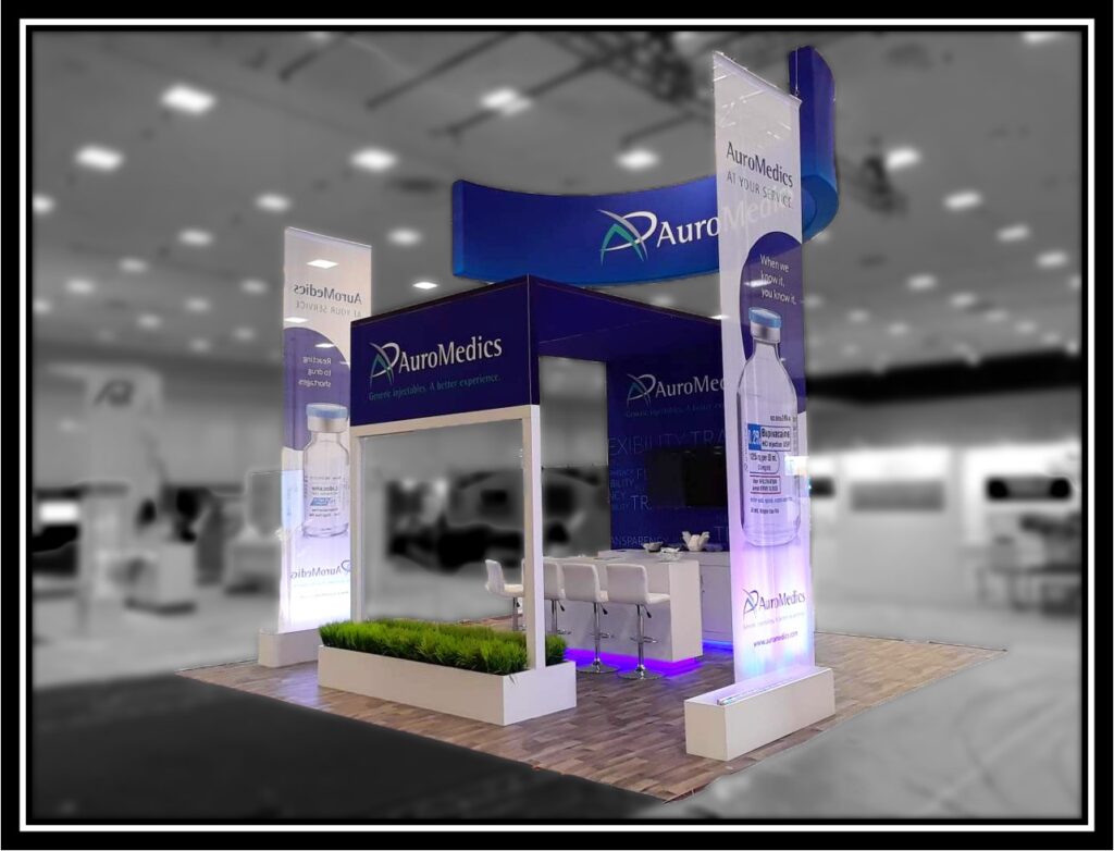 trade show booth with banners